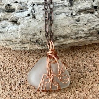 White sea glass necklace, copper wire wrapped