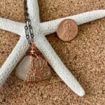 White sea glass necklace copper wire wrapped, size