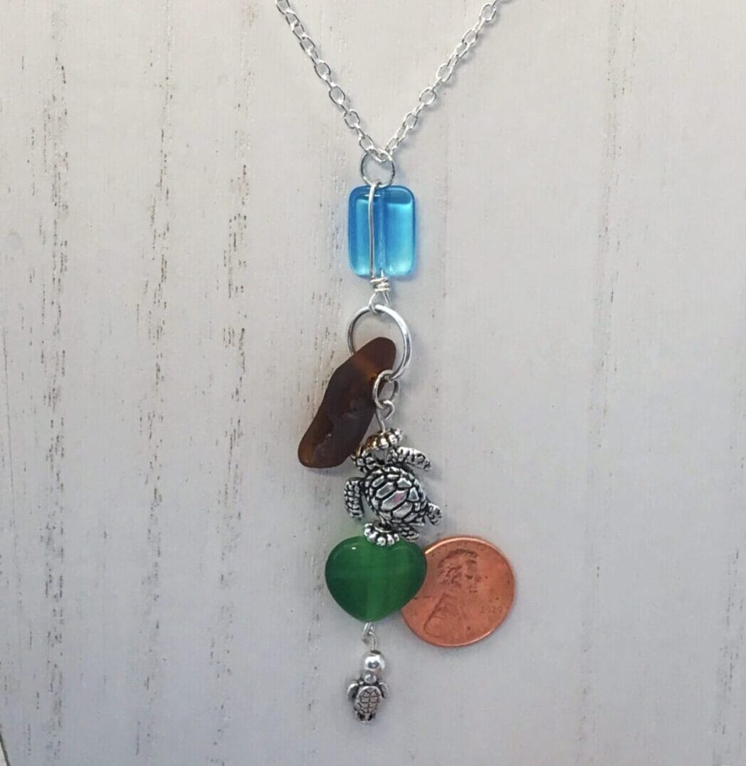 Sea Glass Baby Turtle Glass and Sterling Silver Necklace