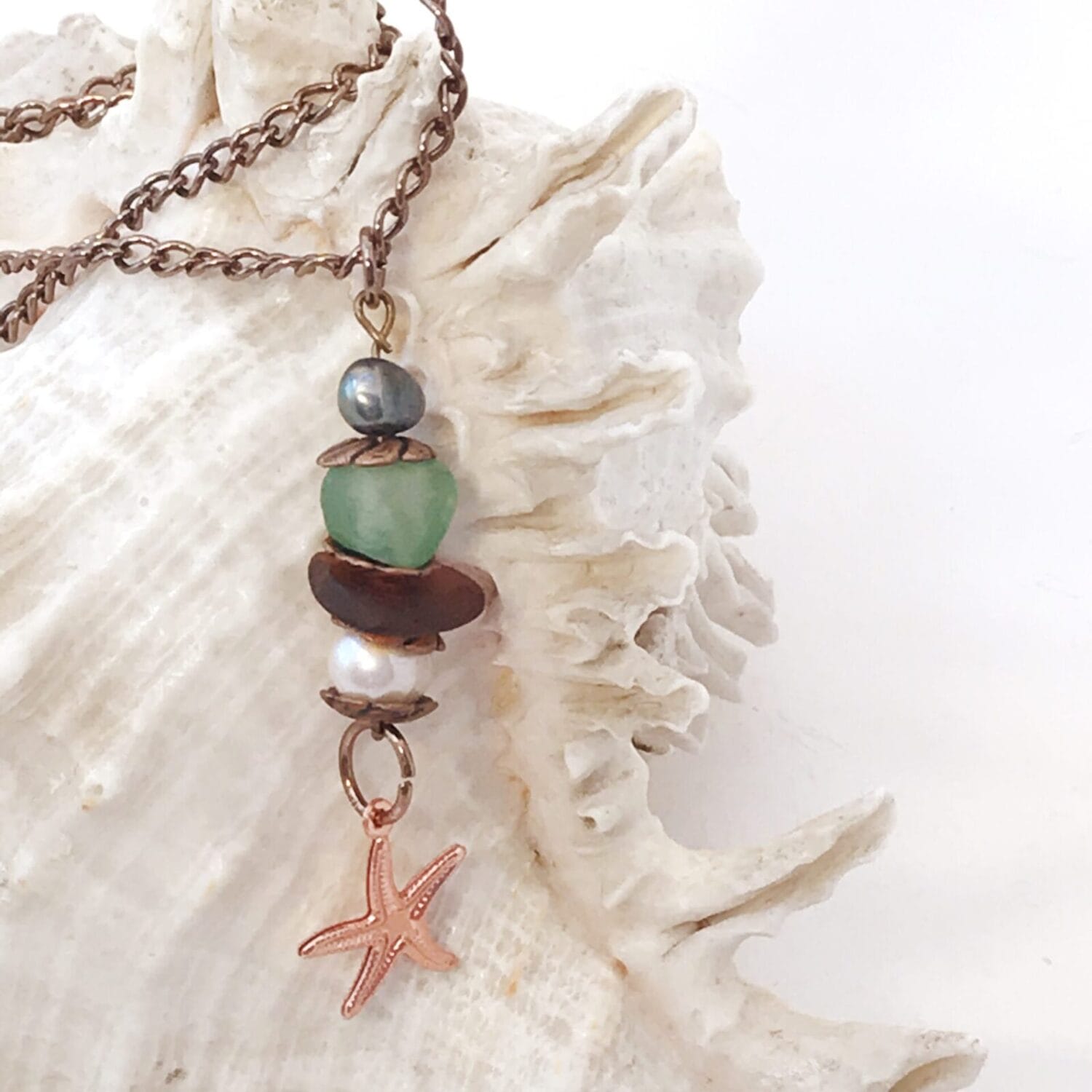 Stacked sea glass copper necklace w seastar