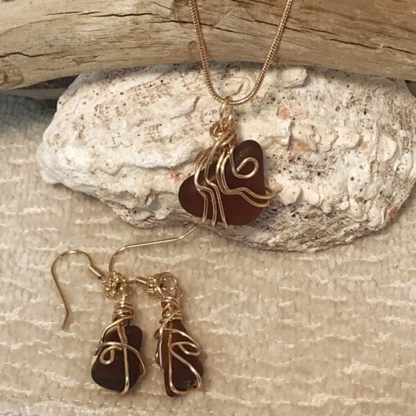 Dainty Brown Sea Glass earrings and necklace set