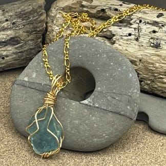 Turquoise sea glass necklace with gold wire wrap