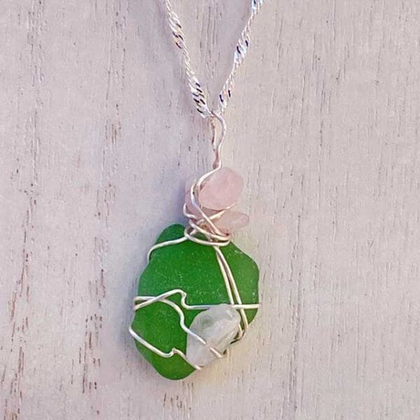 Green sea glass necklace with rose quartz