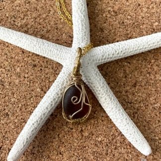 Brown sea glass gold wire wrap necklace