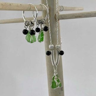 Green sea glass necklace and earrings set