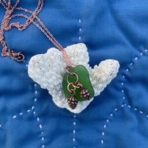 Pine cone sea glass necklace, top view