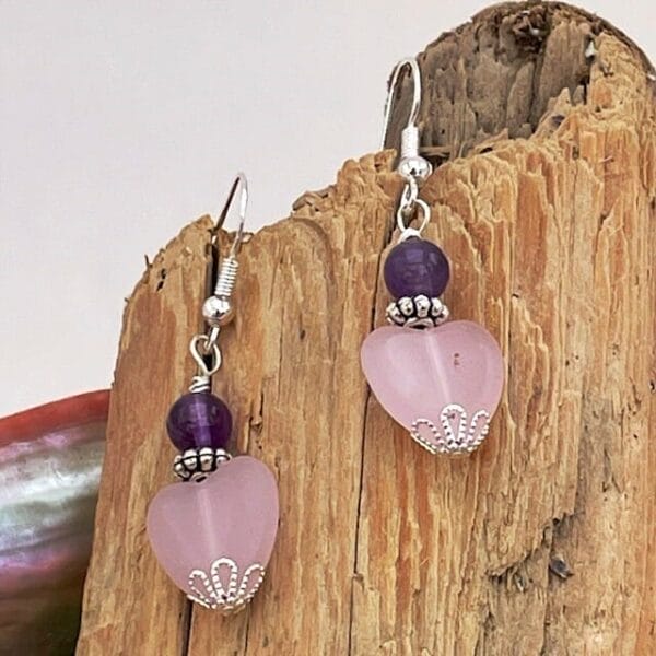 Pink Heart quartz, amethyst earrings