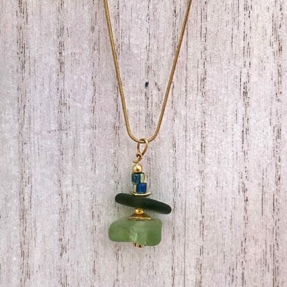 Green stack sea glass necklace on gold