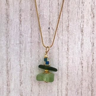 Green stack sea glass necklace on gold