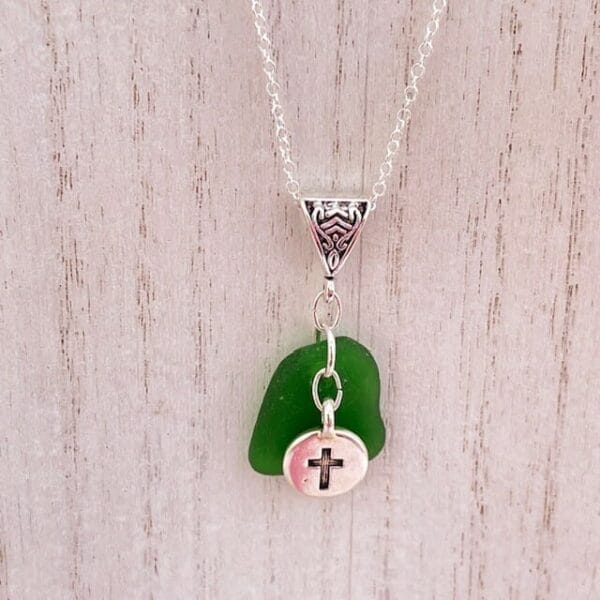 Green sea glass w cross necklace