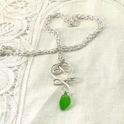 Silver heart green sea glass necklace