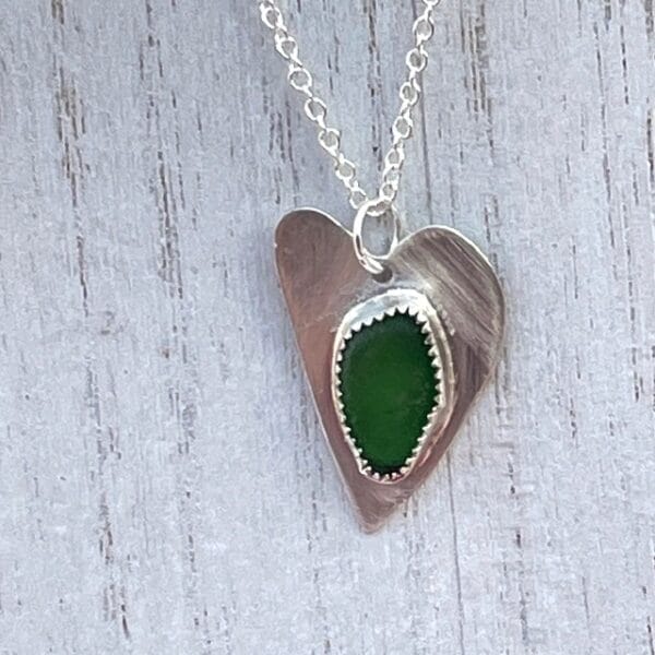 Sterling silver heart necklace, green sea glass