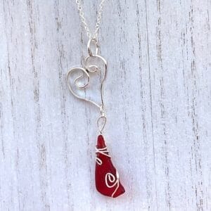 Rare red sea glass silver heart necklace