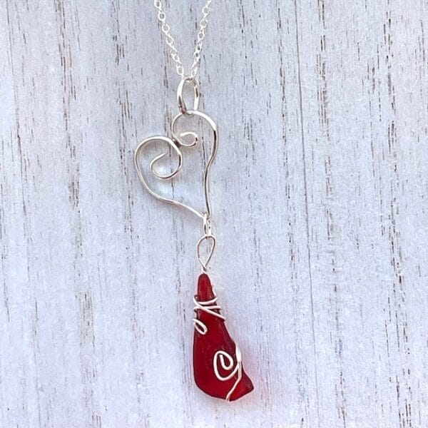 Rare red sea glass silver heart necklace