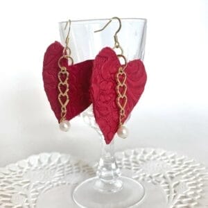 Red leather heart, pearl earrings