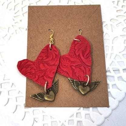 Red leather flying heart earrings