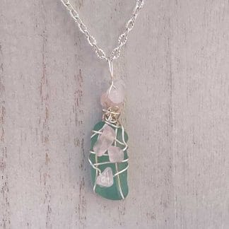 Teal sea glass necklace with rose quartz