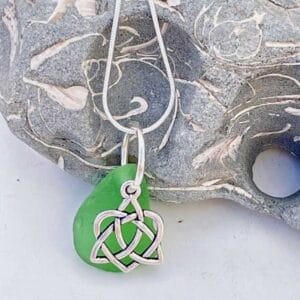 Green sea glass necklace, celtic heart