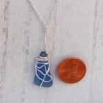 Blue sea glass necklace with silver wire,size
