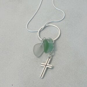 Tri color sea glass necklace with cross