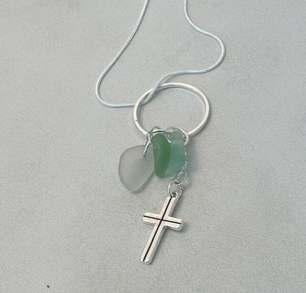 Tri color sea glass necklace with cross