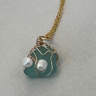 Teal sea glass necklace with pearls