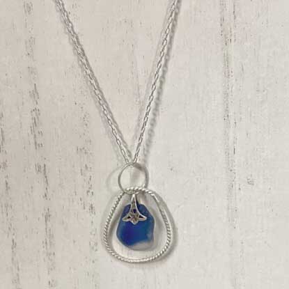 Blue Sea Glass Silver Oval Necklace in Silver Oval