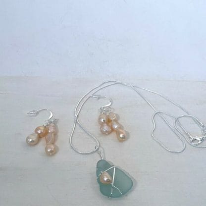 Peach pearls with aqua sea glass set