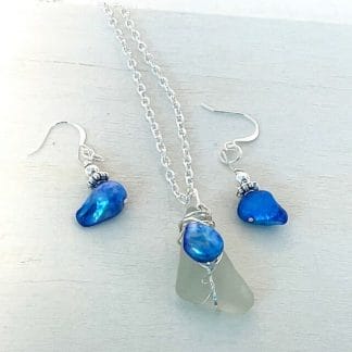 White sea glass blue pearl set