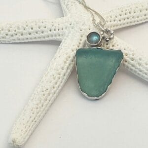 Aqua sea glass with moonstone in silver pendant, size