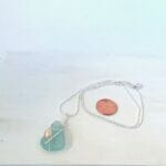 Aqua sea glass necklace, with peach pearl size