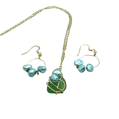 Green sea glass pearl earrings, set