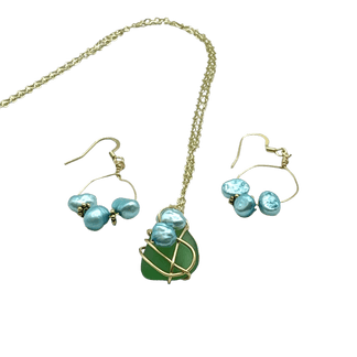 Green sea glass pearl earrings, set