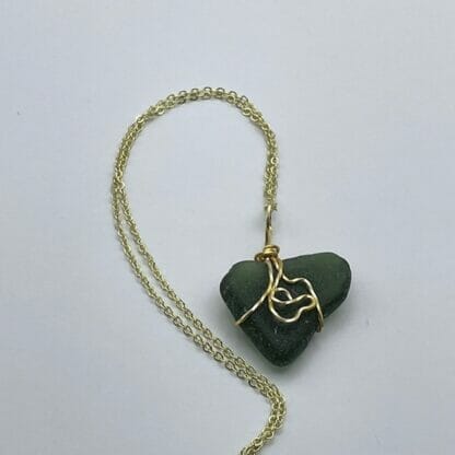 Green sea glass heart necklace, flat