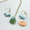 Green sea glass blue pearl set, size
