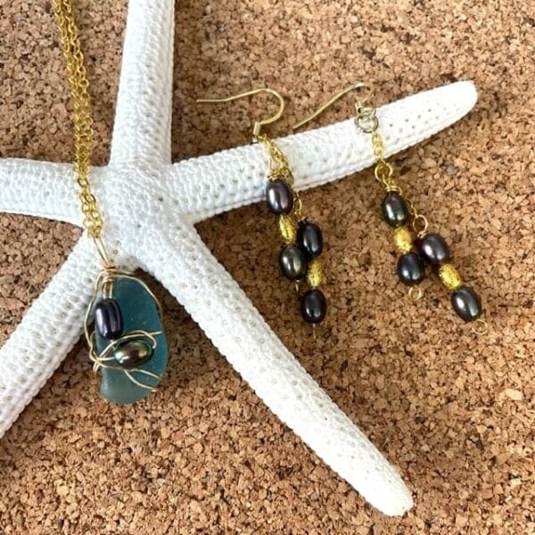 Turquoise sea glass & peacock pearl set