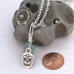 Aqua Sea glass necklace with sugar skull charm - Image 3