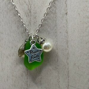 Green sea glass, peace necklace