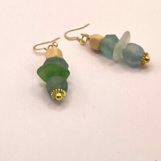 Green and blue sea glass dangles, view