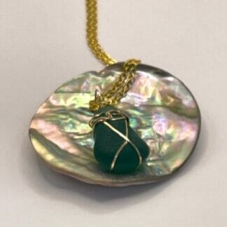 Teal green sea glass gold wire necklace