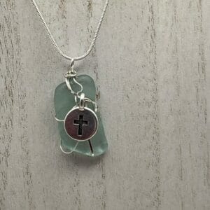 Sea foam Sea glass necklace with Cross