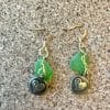 Green sea glass earrings with gold hearts, # 20