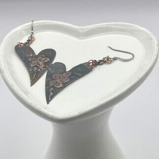 Etched copper heart earrings