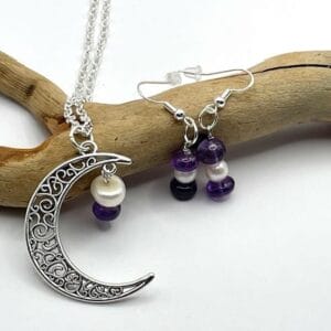 Pearl and amethyst moon necklace with earrings