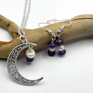Pearl and amethyst moon necklace with earrings