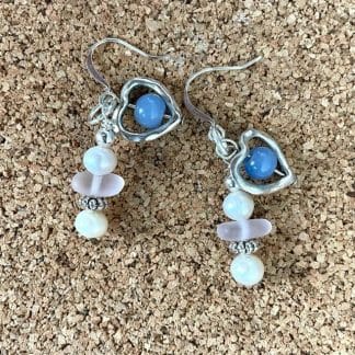 Pearl and silver heart earrings with blue agate, #21