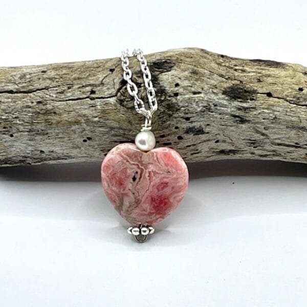 Rhodochrosite pearl heart necklace