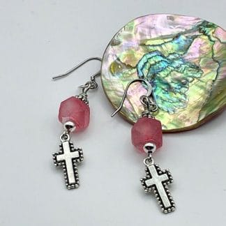 Recycled pink glass earrings with cross