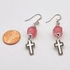 Recycled pink glass earrings with cross, size