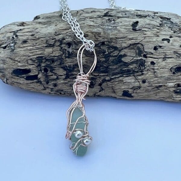 Aqua sea glass beaded wire wrap